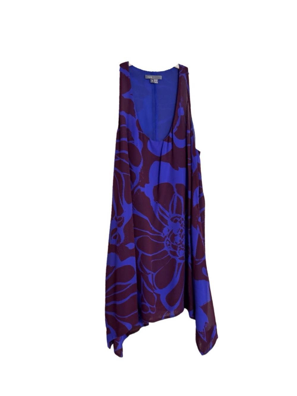 Vince Sleeveless Top Sz S Blue Burgundy Floral Print Sheer Silk Handkerchief Hem